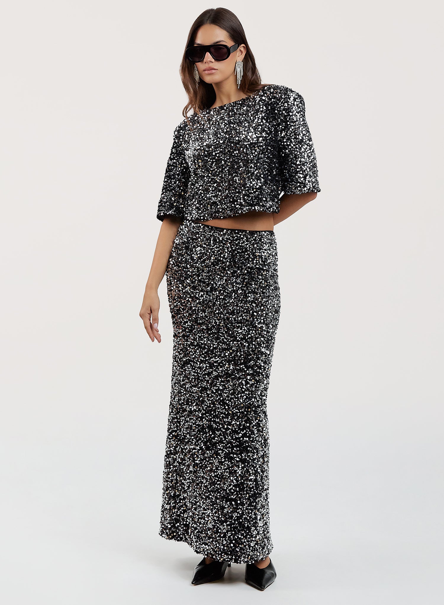 Black Sequin Boxy Crop T-shirt